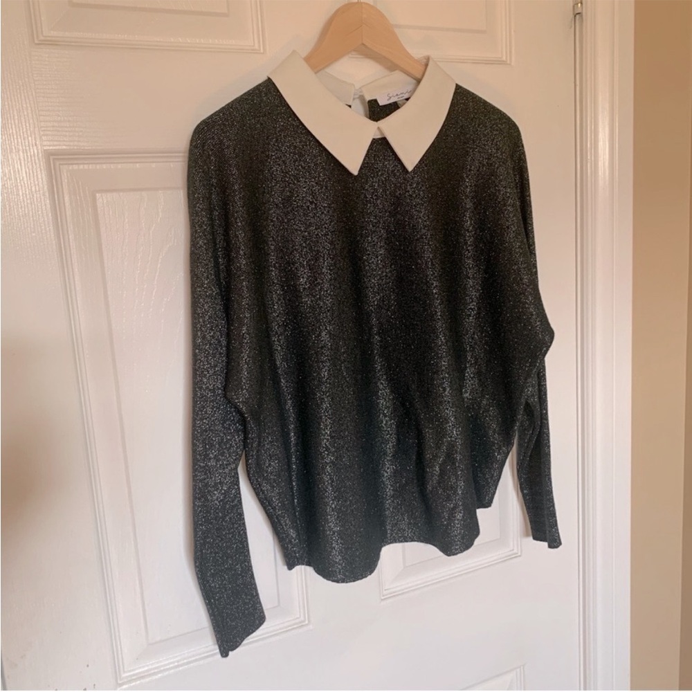 Siani Black Metallic Knit Sweater White Collar Long Sleeve Size Large